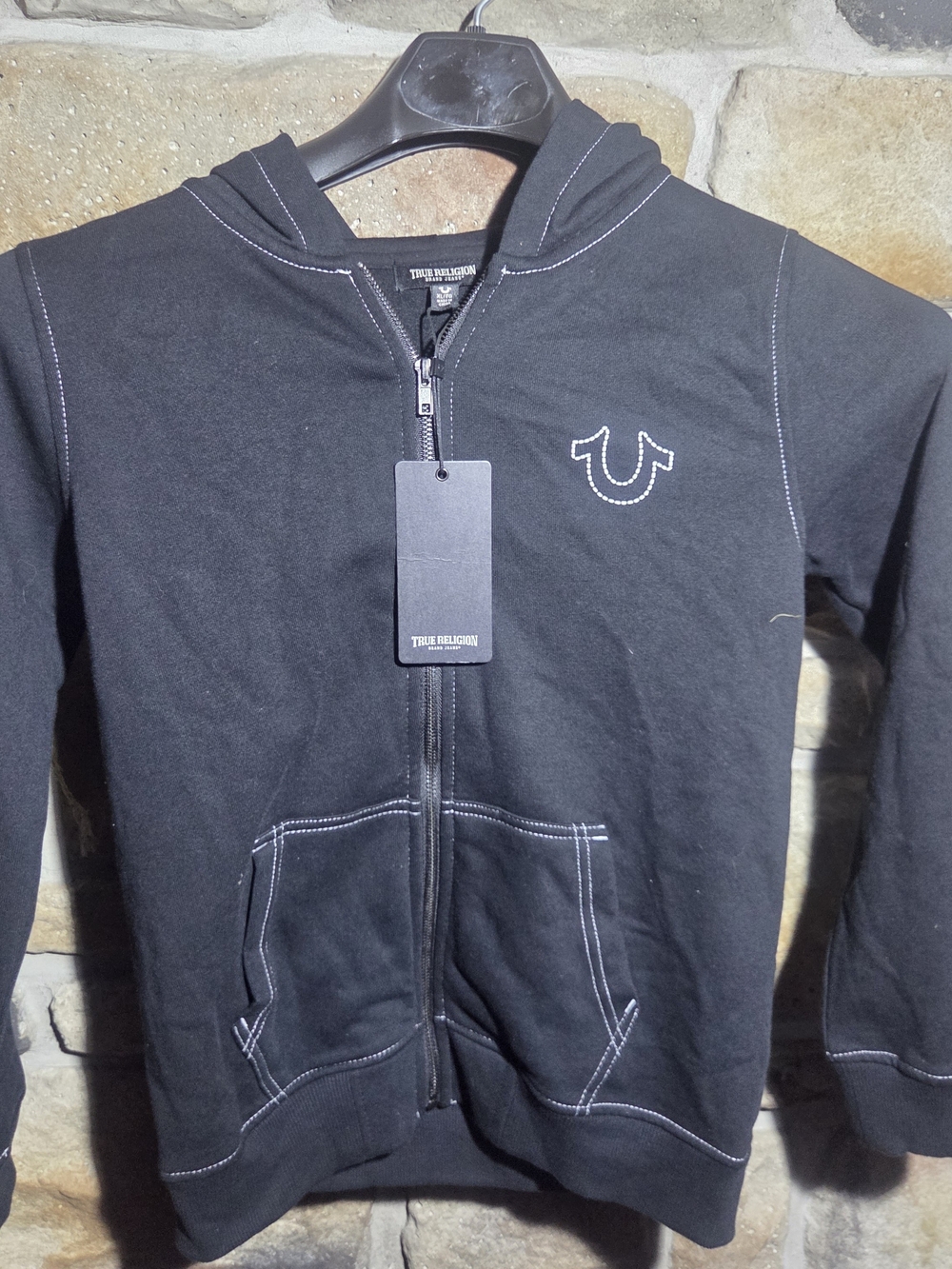 NWT True Religion Black Zip Up Hoodie Big Boys Youth XL Contrast Stitch Buddha